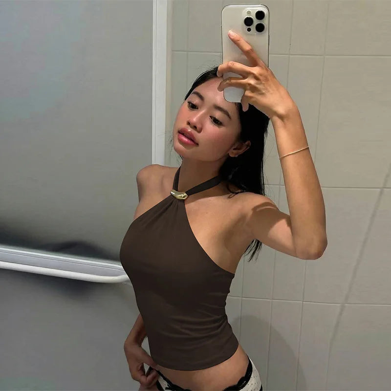 2026 Summer Fashion New Women's Retro Retro Hot Girl Tight Strap Top Hanging Neck Naked Back Sexy Vacation Beach Vest