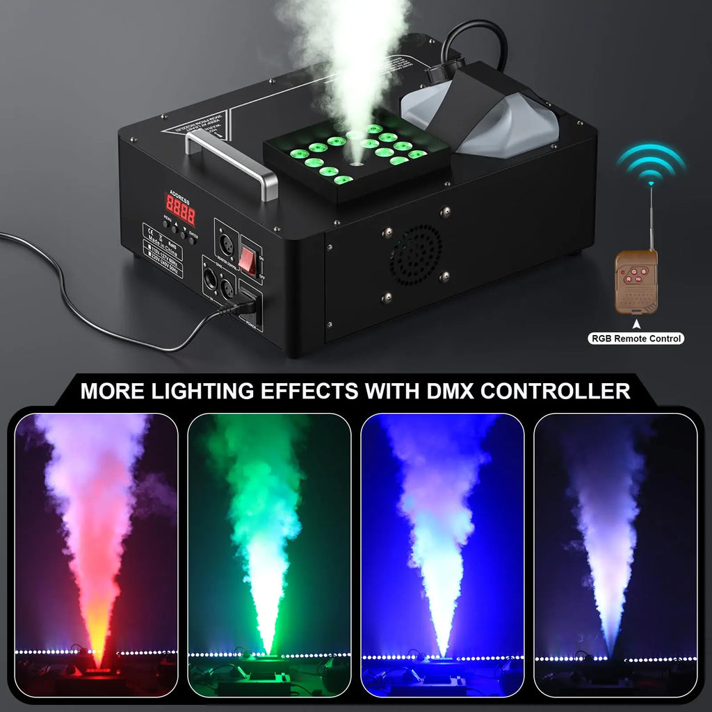 1500W LED Fog Machine 24LED Remote Control Vertical Smoke Machine with RGB Disco Dj Stage Light for Wedding Night Club Party