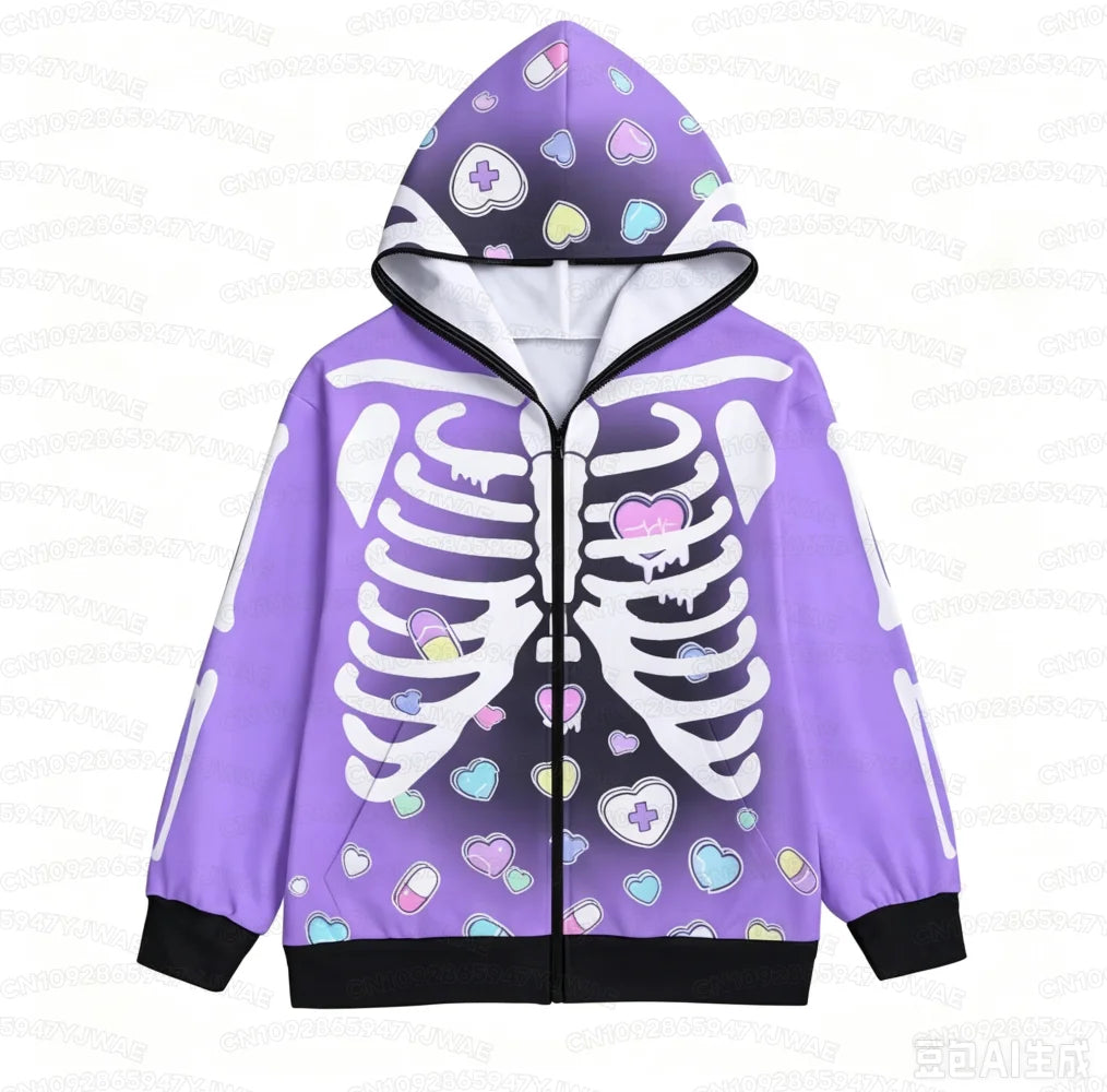 Women's Broken hearts Unisex Zipper Hoodie Rib Cage Spooky Cute Pastel Goth Menhera Halloween Creepy Cute Skeleton Hoodies