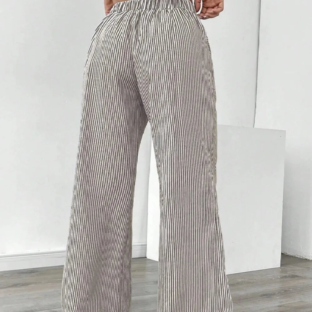 Autumn Women Striped Wide Leg Pants Casual Loose Fit Trousers Streetwear Trendy Fashion Comfortable Elastic Mid Waist Bottoms