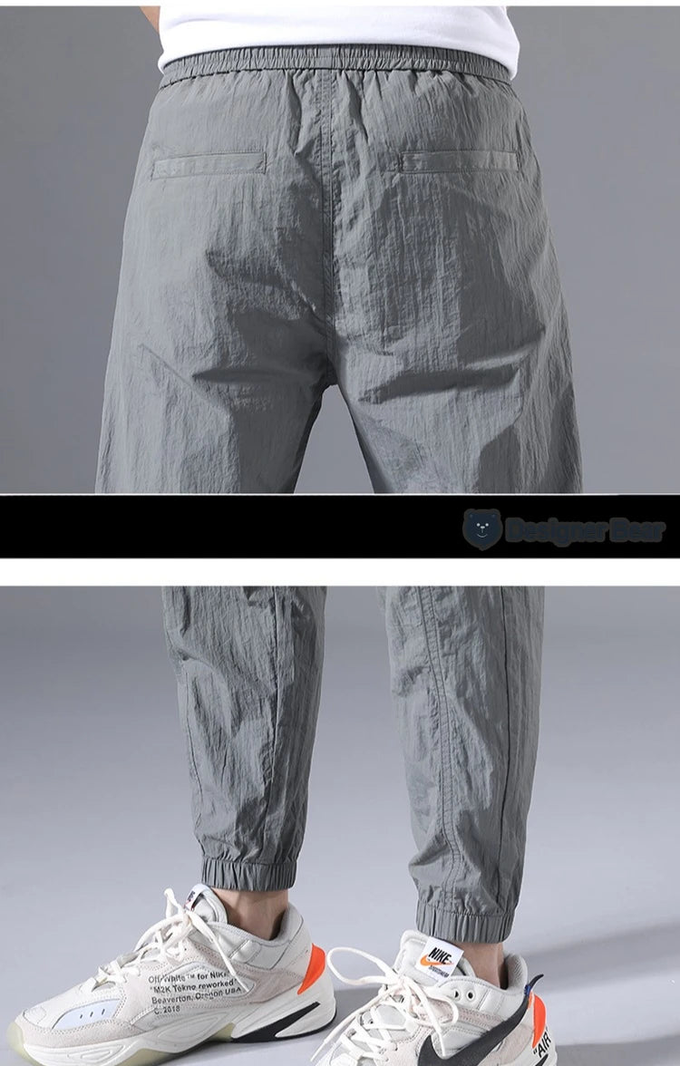 2026 Summer Thin Men's Wrinkled Fabric Loose Tapered Harem Pants Quick-Dry Elastic Cuff Casual Trousers Elastic Waist City Boy