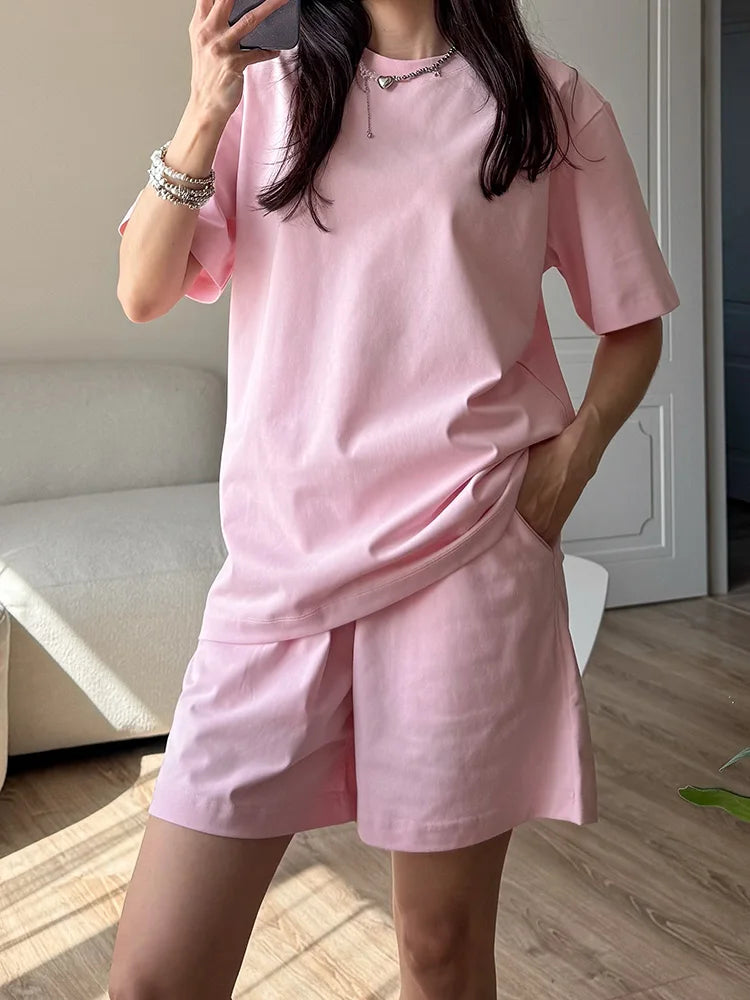 Summer 2 Piece Shorts Set Woman Cotton Brown Oversized T Shirts And Shorts Two Pieces Outfits For Women White Short Sets Pink
