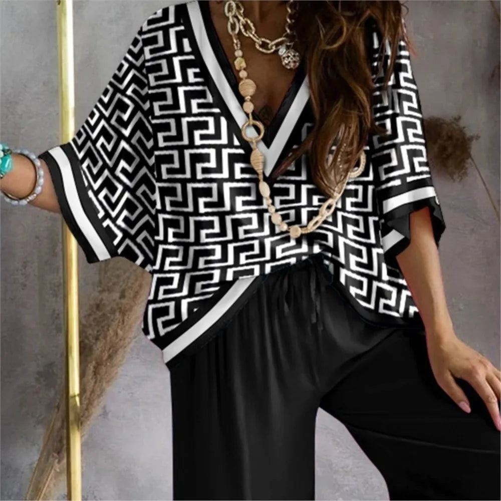 Sexy V Neck Batwing Sleeve Shirt Pants Sets For Women Spring Summer Fashion Print Blouse Trousers Two Piece Sets Femme Outfits