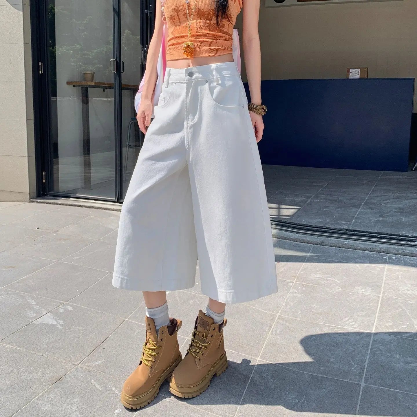 Retro High Waist Wide-leg Jeans Women Summer New Fashion Loose Straight Calf-Length Denim Pants Female Orange Whiter Cowboy Pant