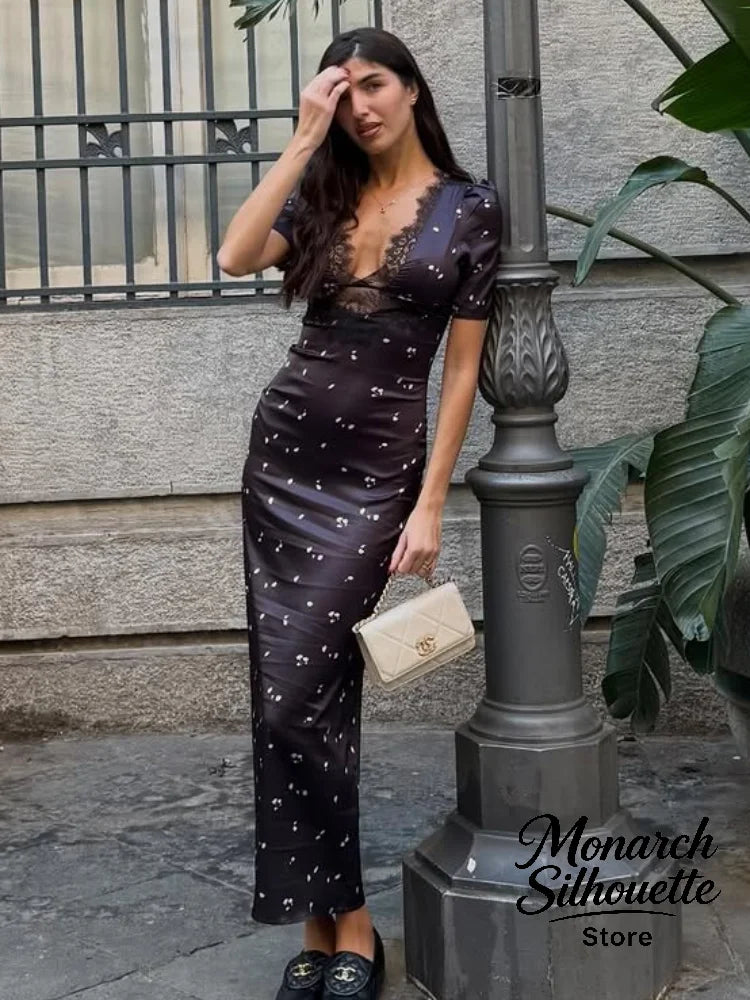 Satin Lace Patchwork Print Dress Women Black V-neck Short Sleeves High Waist Long Dresses Lady Hollow Out Daily Party Vestidos