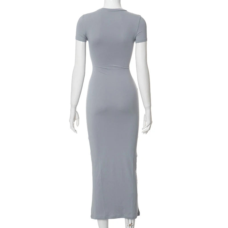 2025 Women Solid Color Slim Short Sleeve Casual Pullover Sumer Long Dress Skinny Sexy Daily Dress