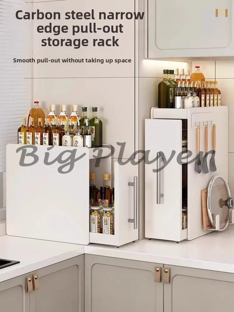 Ultra-Narrow Dust-Proof Pull-Out Condiment Rack Multi-Functional Kitchen Countertop Storage Organizer for Home