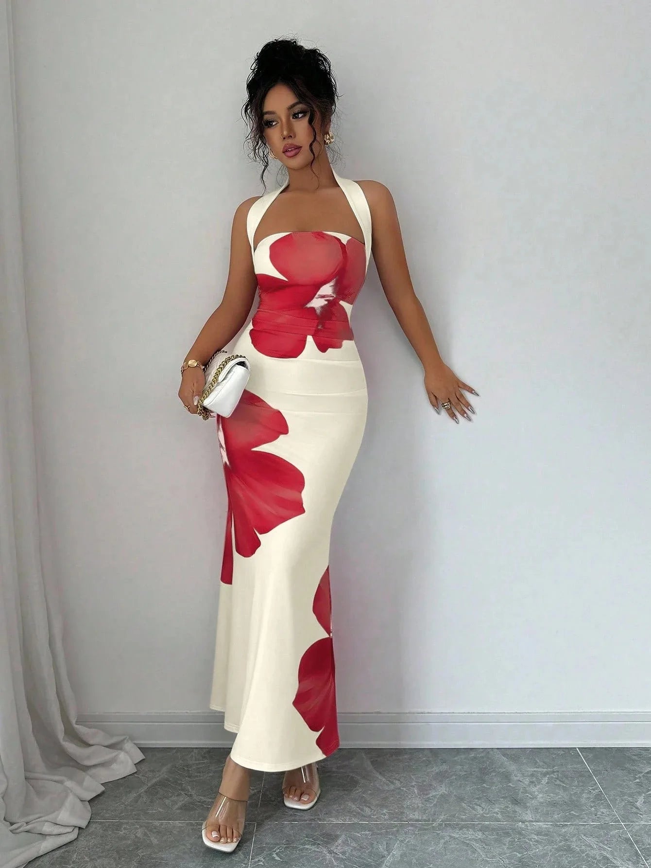 Women's 2026 New Popular Neck Halter Long Dress Hip-wrapped Printed Dress White Dress Birthday Dress for Women Summer Dress