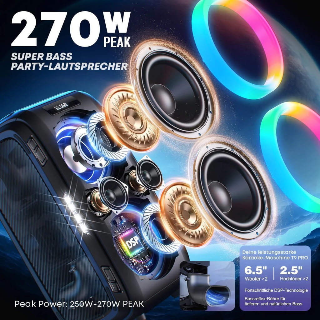 W-KING T9 PRO 250W Peak Bluetooth Party Speaker 125dB Loud 2×6.5" Subwoofer Bluetooth 5.3 TWS Portable Bass Speaker