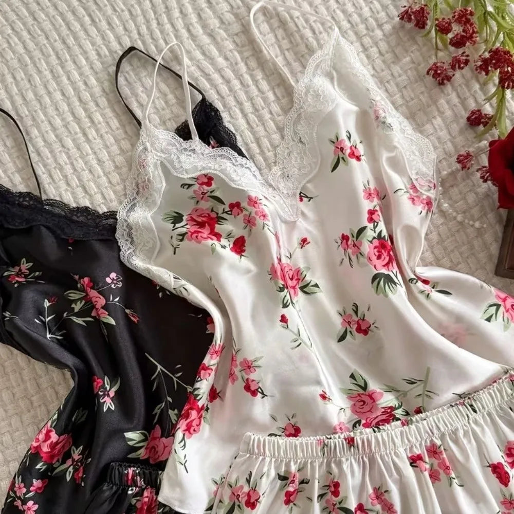 Satin Ice Silk Women's Printed Pajamas Set Floral Printed Shorts And Long Pants Ice Silk Suspender Sleepwear Thin Sleeveless