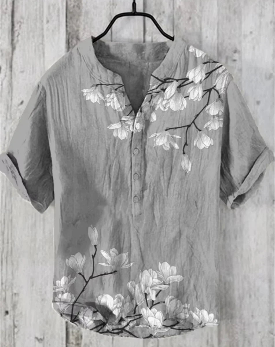 Hot sale Henry shirt 2025 summer men's casual short-sleeved T-shirt floral print top linen blend comfortable fabric XS-6XL size