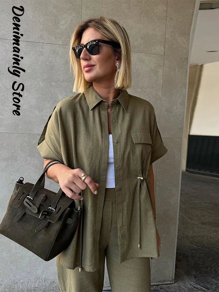 Casual Drawstring Shirt Pants Set Women Lapel Button Short Sleeve Pocket Loose Top Wide Leg Pants 2025 Chic Summer Women's Suit