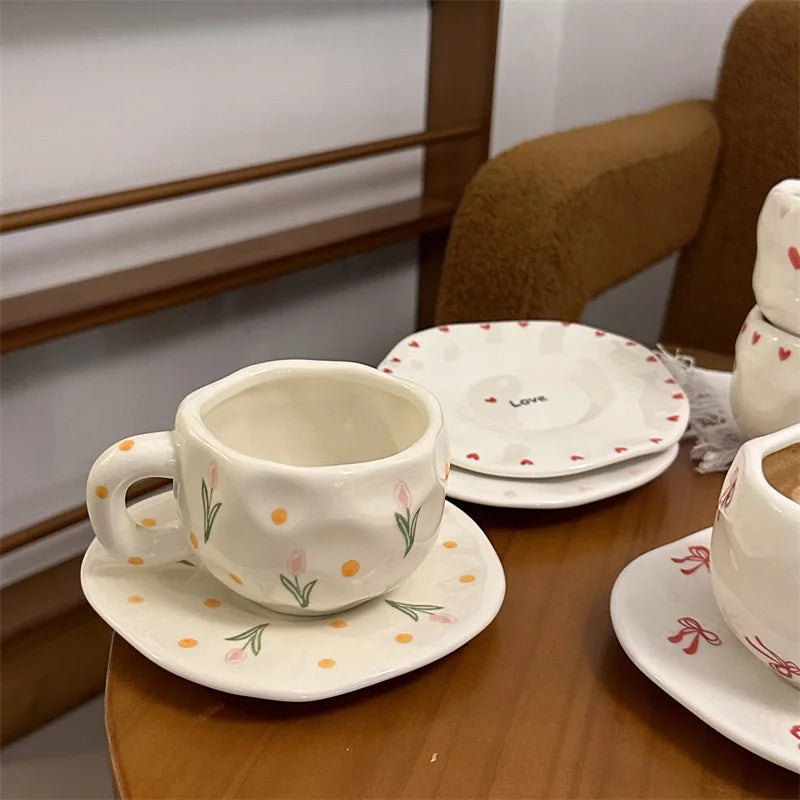 ins style retro flower ceramic cups and saucers, hand-squeezed irregular coffee cups and saucers, afternoon tea cups and saucers