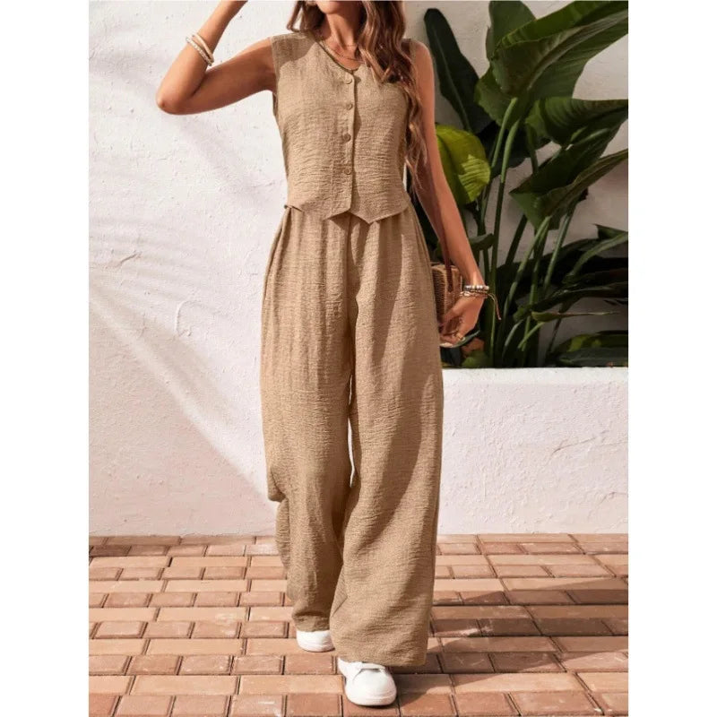 Two-piece Ladies Set 2026 Summer New Versatile Sleeveless V Neck Vest Tops Suits Fashion Casual Loose Tops Wide Leg Pants Sets