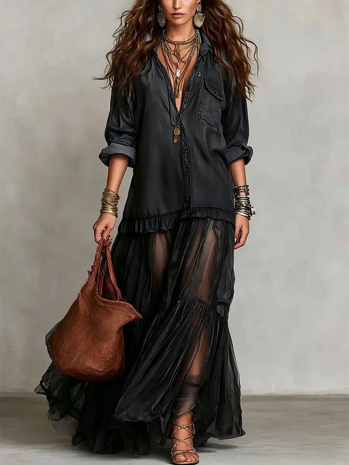 Women's Denim Maxi Dress Mesh Splice Long Sleeve Turn Down Collar Single-breasted Belted Organza Hem Casual Elegant Shirt Dress