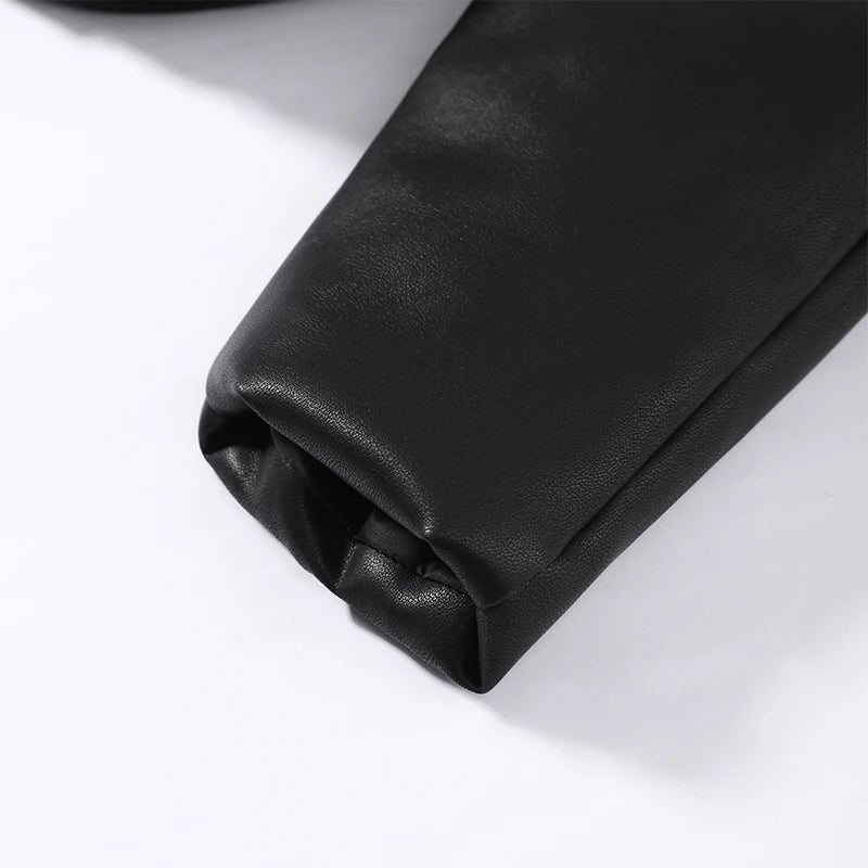 Solid Leather Turn Down Collar Cotton Coat 2026 Winter Ladies Warm Pockets Cropped Padded Jackets Women's High Street Outwear