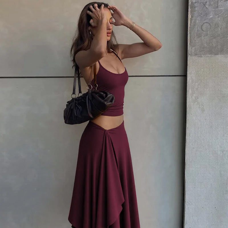 Hugcitar Fashion 2 Pcs Sets Halter Solid Backless Lace Up Sexy Crop Tank Top Ruched Maxi Skirt Women Outfit Beach Vacation Sport