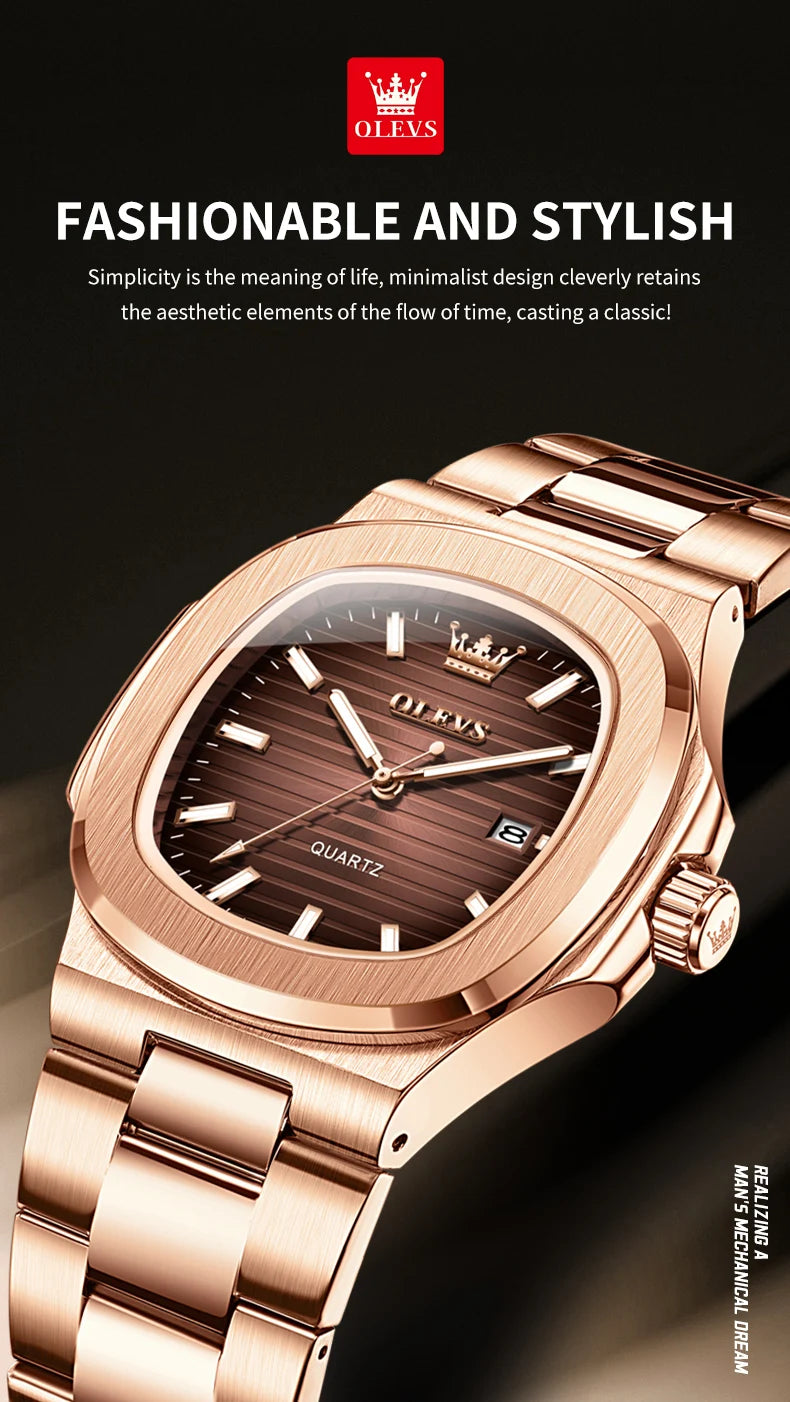 OLEVS Men Watch 3696 Fashion Trend Original Watch Luxury Square Calendar Waterproof Luminous Simple Business Men Quartz Watch