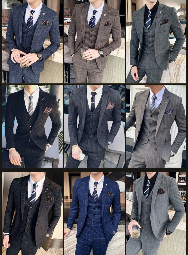 S-7XL ( Blazer + Vest + Pants ) Striped Plaid Solid Color Mens Formal Business Suit 3Pcs Set Groom Wedding Social Show Dress