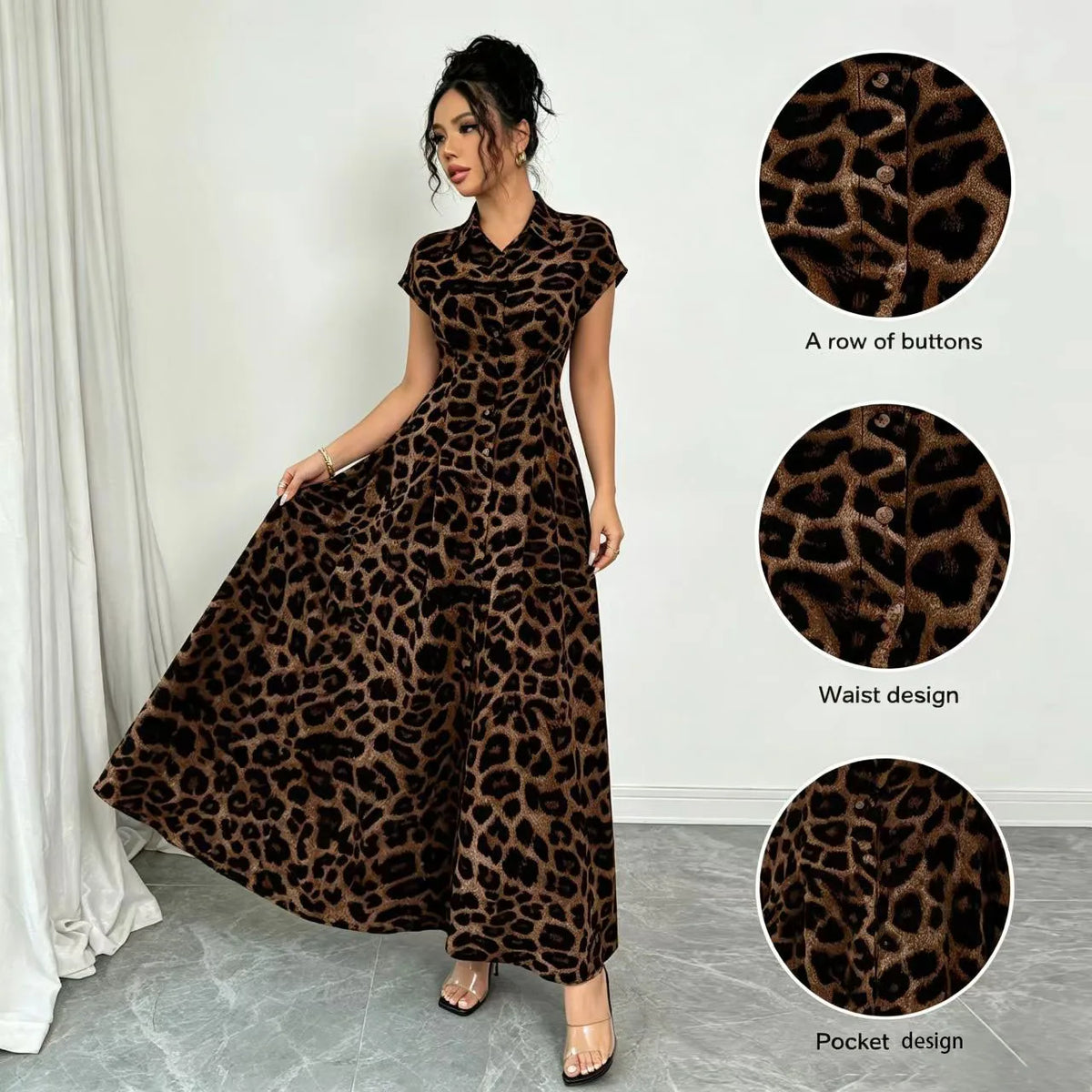 Women's Elegant Leopard Print Lapel Short-Sleeve Waist-Cinched Button Dress