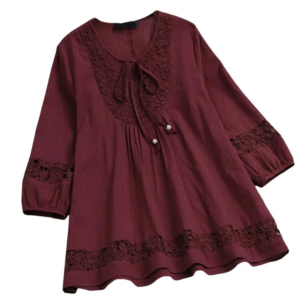 Round Neck Women T-shirt Lace Patchwork Crew Neck Lady Spring Shirt Chic Plus Size Casual Lady Spring Blouse for Dating