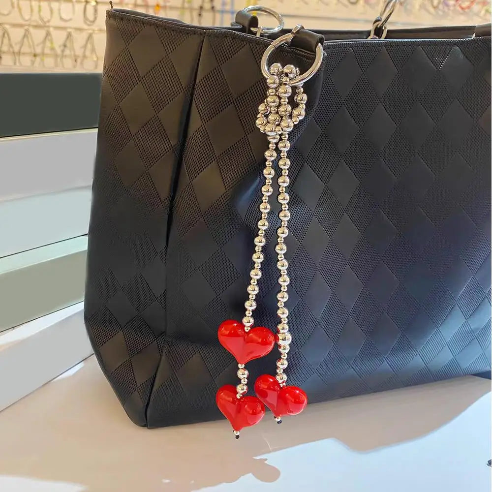 Y2k Love Bead Hanging Chain Bag Charm Women Accesories Red Love Heart Bags Charms Colorful Beads Chain Fashion Lady Jewelry