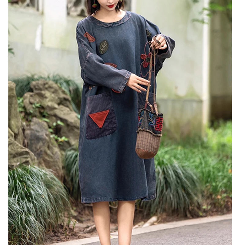 Masss Wasss 2025 Fall Females Classic Vintage Embroidery Oversized Denim Dresses Womens Fashion Loose Vestidos Leisure Clothes