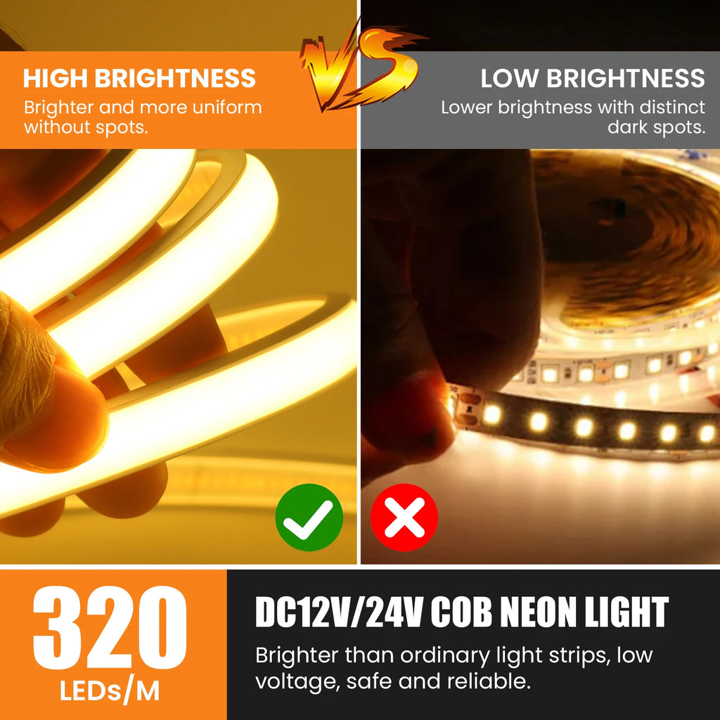 Waterproof COB Neon Led Strip Light 12V 24V 320LEDs/m Linear Lighting IP67 Flexible Ribbon RA90 High Density Home Garden Decor