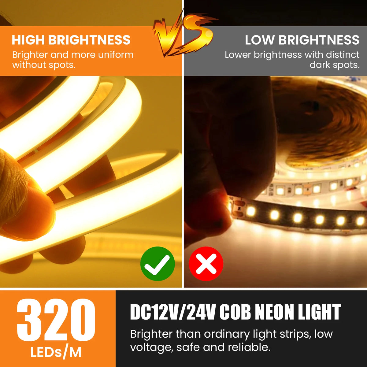 Waterproof COB Neon Led Strip Light 12V 24V 320LEDs/m Linear Lighting IP67 Flexible Ribbon RA90 High Density Home Garden Decor