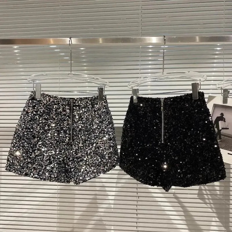 Spring/summer new Spice Girls sequin zipper shorts Slimming suede embroidered beaded casual pants