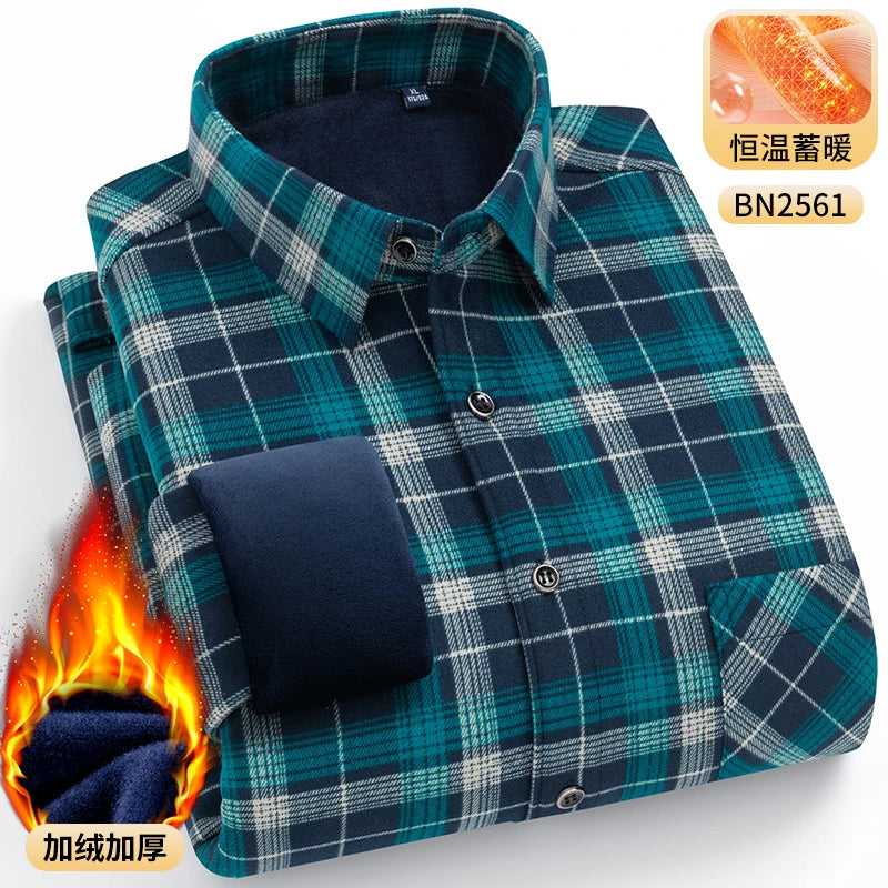 Men's Warm Long-Sleeved Shirt with Double-Sided Fleece, Winter Casual, Cold-Resistant, Street Fashion, Comfortable and Versatile