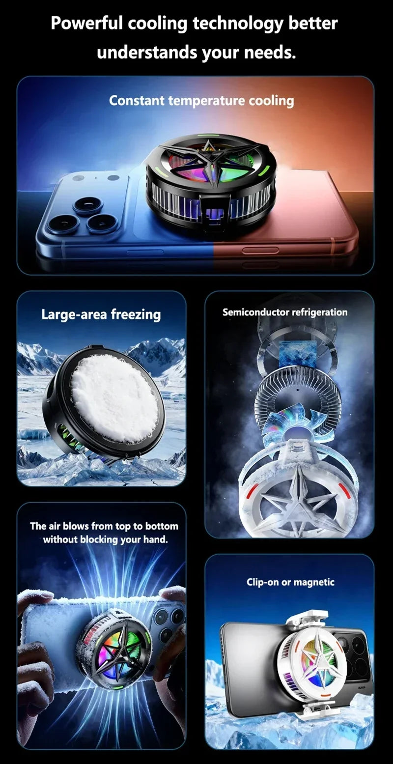 Phone Cooler for Gaming Magnetic Semiconductor Cooling Fan Back-Clip RGB Lights Fast Phone Cooling Fan for IOS Android Phone