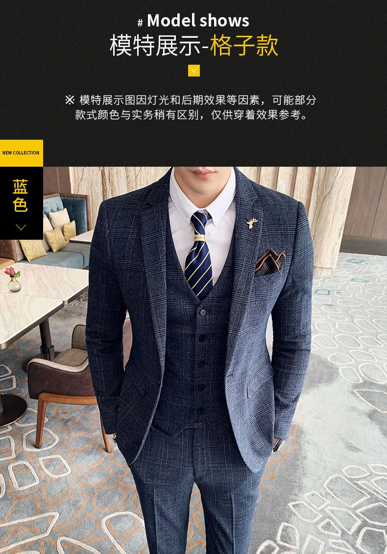 S-7XL ( Blazer + Vest + Pants ) Striped Plaid Solid Color Mens Formal Business Suit 3Pcs Set Groom Wedding Social Show Dress