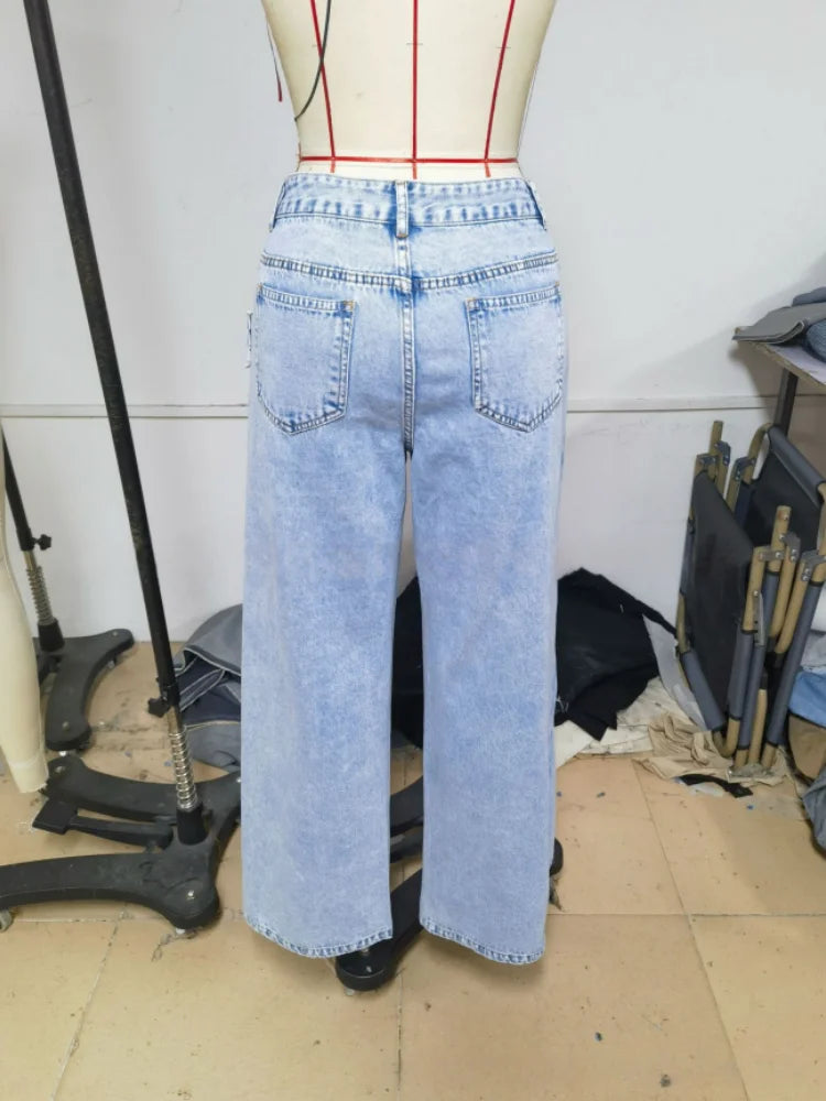 Women Designer Denim Pant Jeans Vintage Wide Leg Big Pockets Floor Pants High Waist Y2k Streetwear Elegant Casual Loose Trousers
