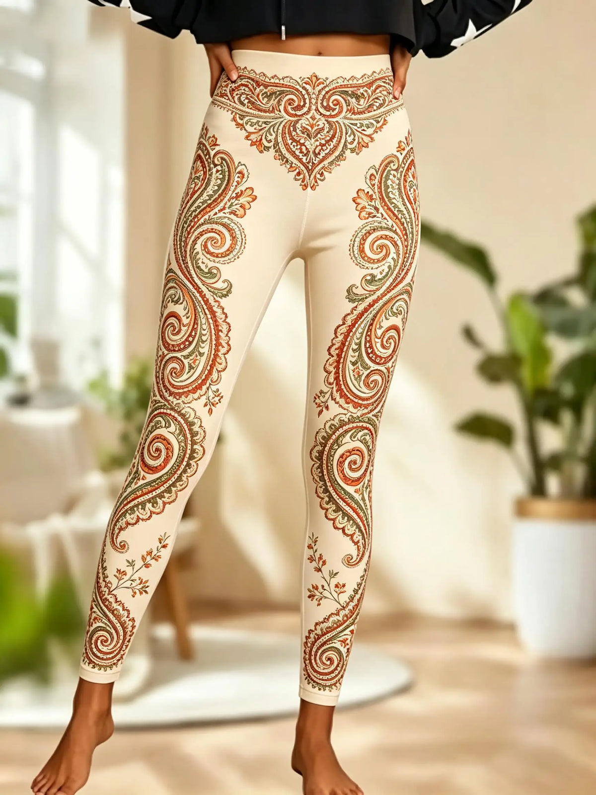 Women Fleece‑lined Mid‑rise Leggings Bohemian Paisley Floral Tribal Border Print Slim Stretch Winter Casual Pants