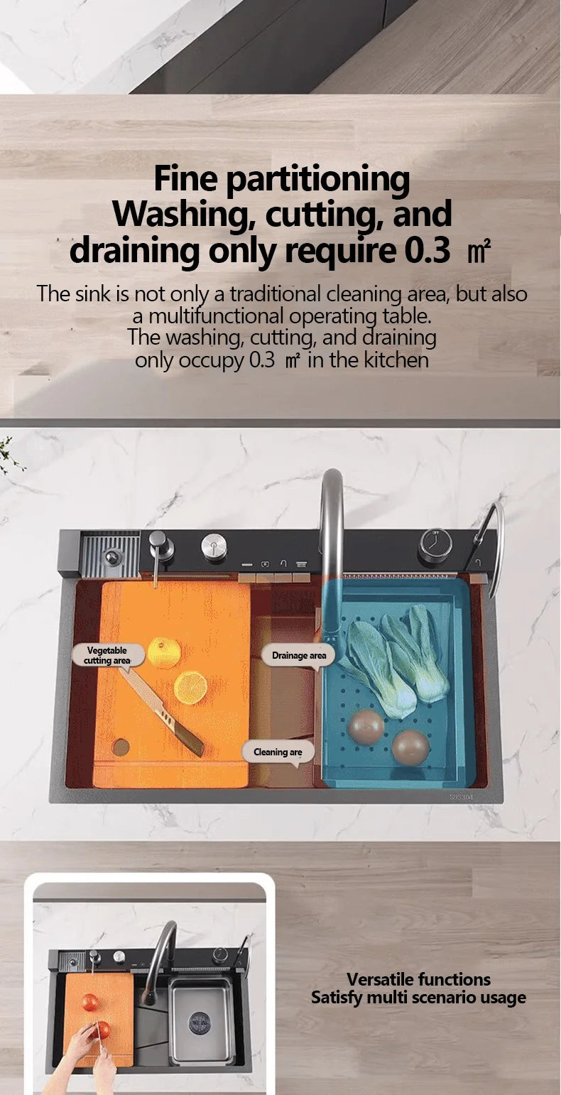 304 Sink Key Digital Display Waterfall Rain Sink Stainless Steel Large Single Trough Hand Basin Washing Dishes Under The Basin