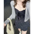 Women's Bodycon Navy Floral Camisole Dress And Plain Knit Cardigan Set Petite Slim Fit Fall Outfit Chic Vacation Cover-Up Spring
