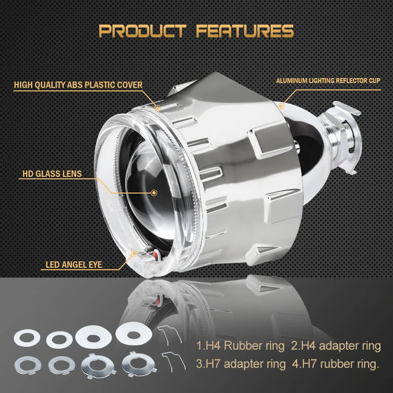 1pc 2.5 inch Bi-xenon Lens LED Angel Eyes Projector Headlight Lenses DRL Running Light Black/Silver Shrouds Accessories Retrofit