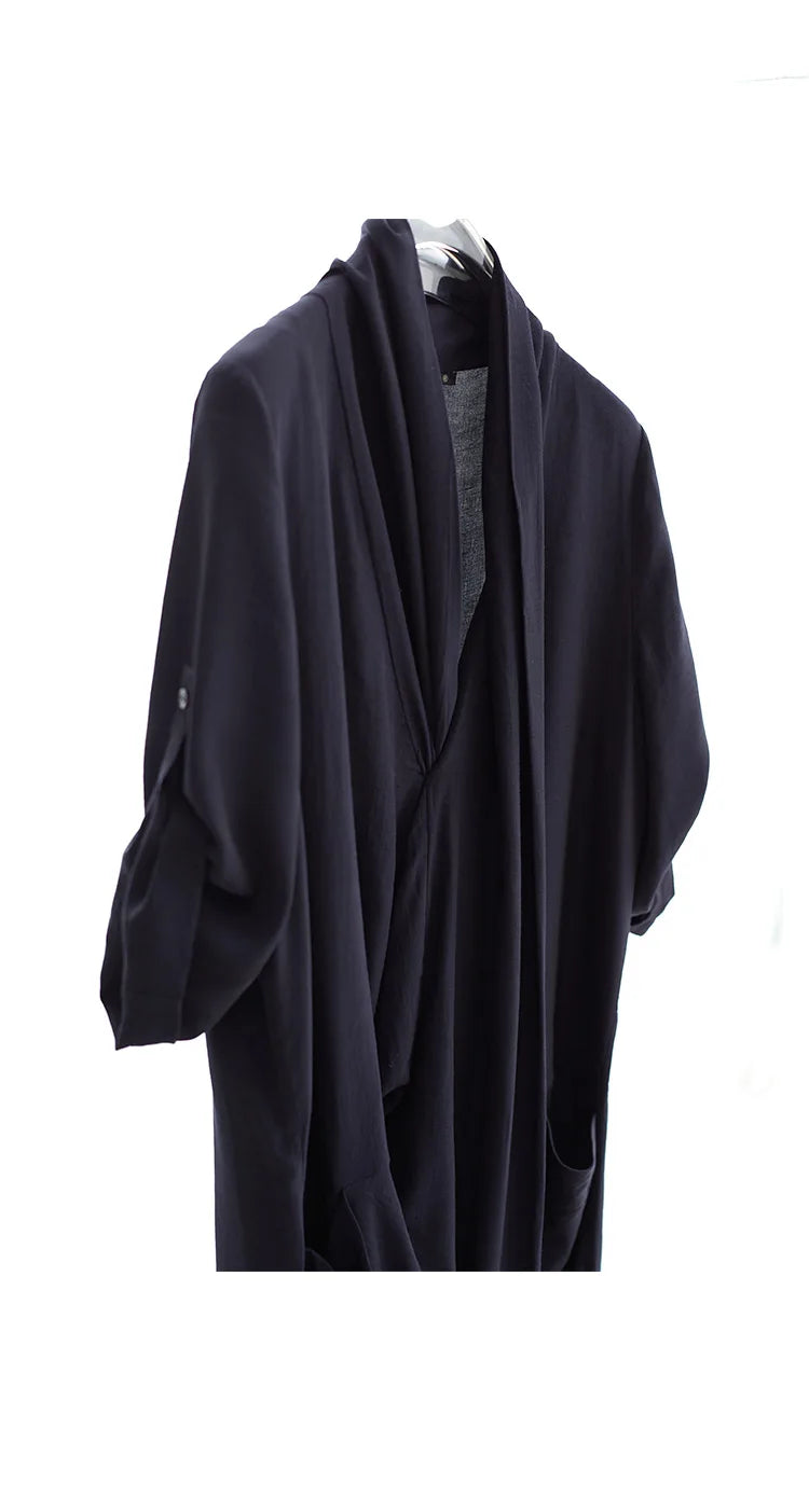 New Chinese-Style Dress~Draped Collar Navy Blue Pleated Dress, Summer Slimming and Elegant Long Dress for Women