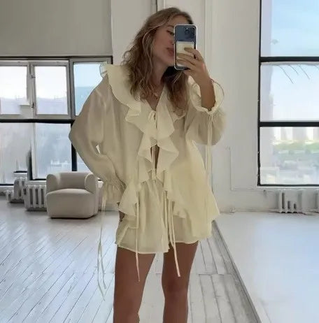 New Casual Shorts Two-piece Set For Women Ruffled Loose Lace-up Top Simple Shorts Suit Office Ladies Summer Women's Shorts Suit