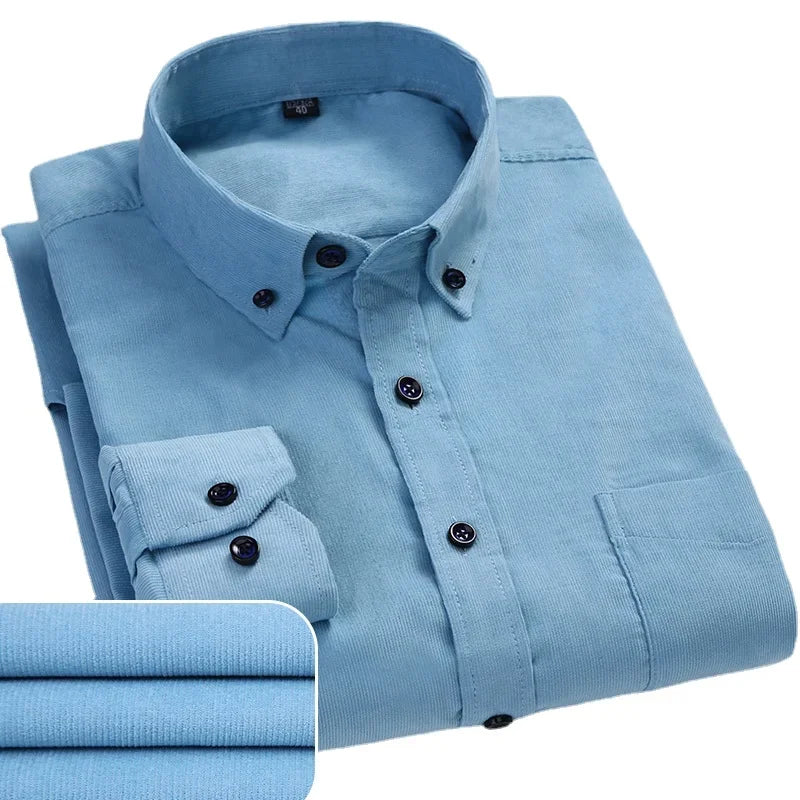 2025 Cotton Corduroy Casual Warm Solid  Shirt Long Sleeve Winter Regular Fit Mens Men's Shirts with Pokets