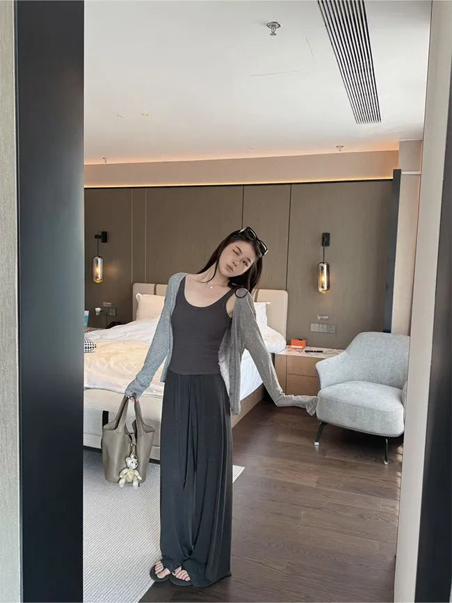 Women's Straight Pants Spring Summer Loose Casual High Waist Wide-leg Pants Drawstring Solid Gray Trousers Women