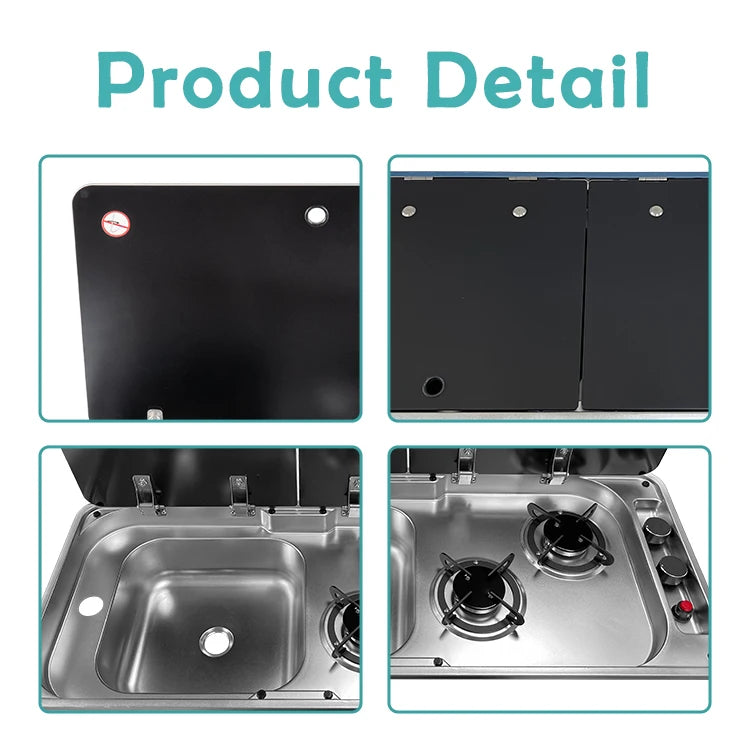 304 Stainless Steel RV Sink with Dual-Burner Gas Stove Combo Built-in Camper Van, Caravan & Motorhome Kitchen Unit