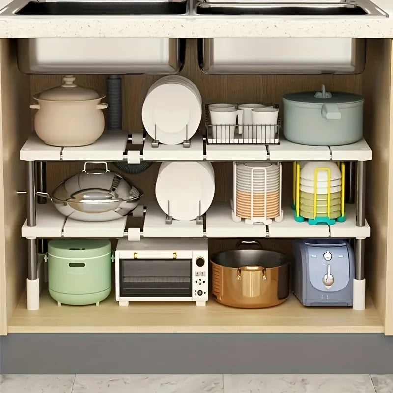 Adjustable Under-Sink Organizer - Stainless Steel Multi-Tier Space-Saving Storage Rack for Kitchen & Bathroom Cabinets
