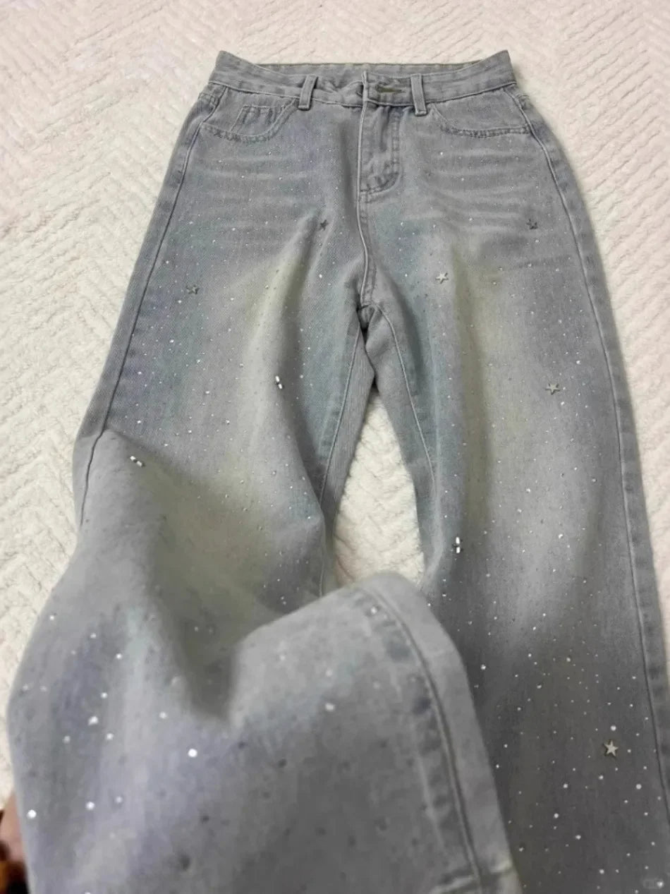 Spring Autumn Women Light-colored Stars Rhinestone Shiny Slim Wide-leg Baggy Jeans Fashion Joker Straight Pants Female Clothing
