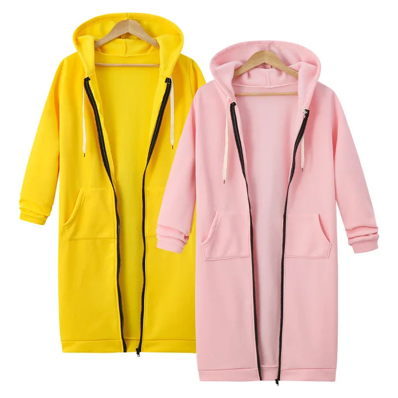 Autumn Winter Women's Hooded Long Sleeve Mid-Length Sweatshirt Fleece Jacket Comfortable Casual Style Polyester Fabric