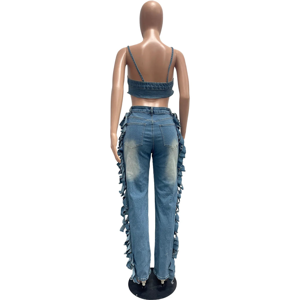 FAGADOER Fashion Hollow-out Bodycon Denim Jumpsuit Women Spaghetti Strap Tassel Patchwork Rompers Female Streetwear Overalls New