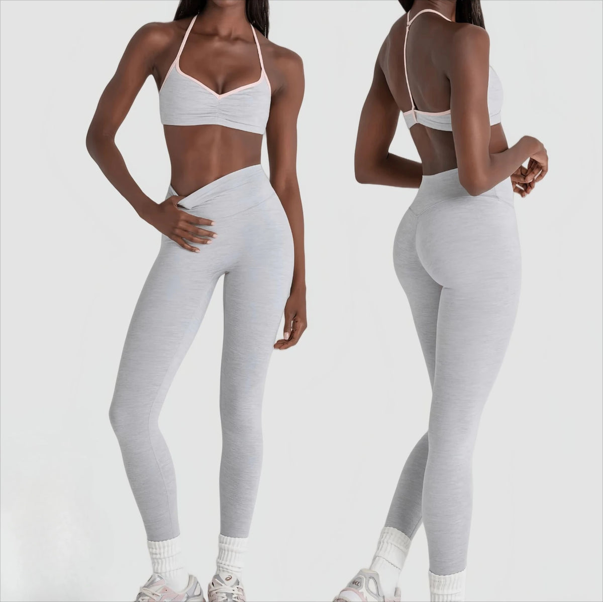 Women 2 Piece Yoga Set Ruched Front T Back Sports Bra High Waist Leggings Soft Stretchy Nude Fabric Gym Running Workout Outfit