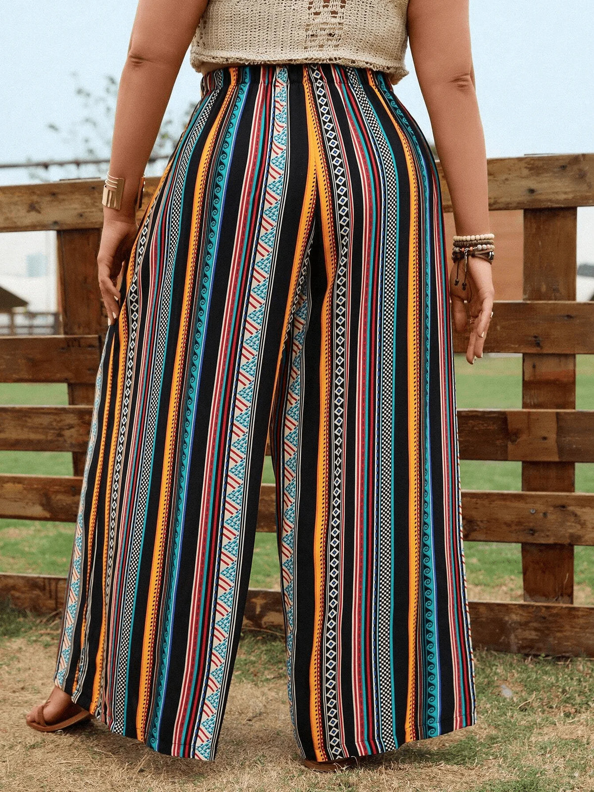 Women's Plus-Size Belted Wide-Leg Trousers with Stylish Striped Print – Casual Vacation Wear for Spring, Summer, and Autumn
