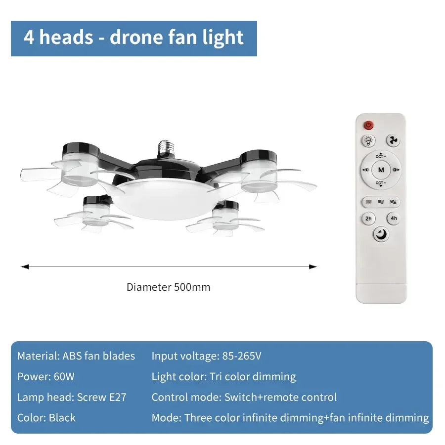 E27 Fan Light 2-in-1 60W  Drone Design Ceiling Fan Light with Remote Control AC85-265V Fan Lighting Bulb for Home Restaurant